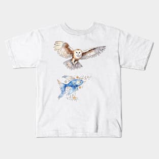 Enchanting Encounter: Owl Hunting a Magic Fish Kids T-Shirt